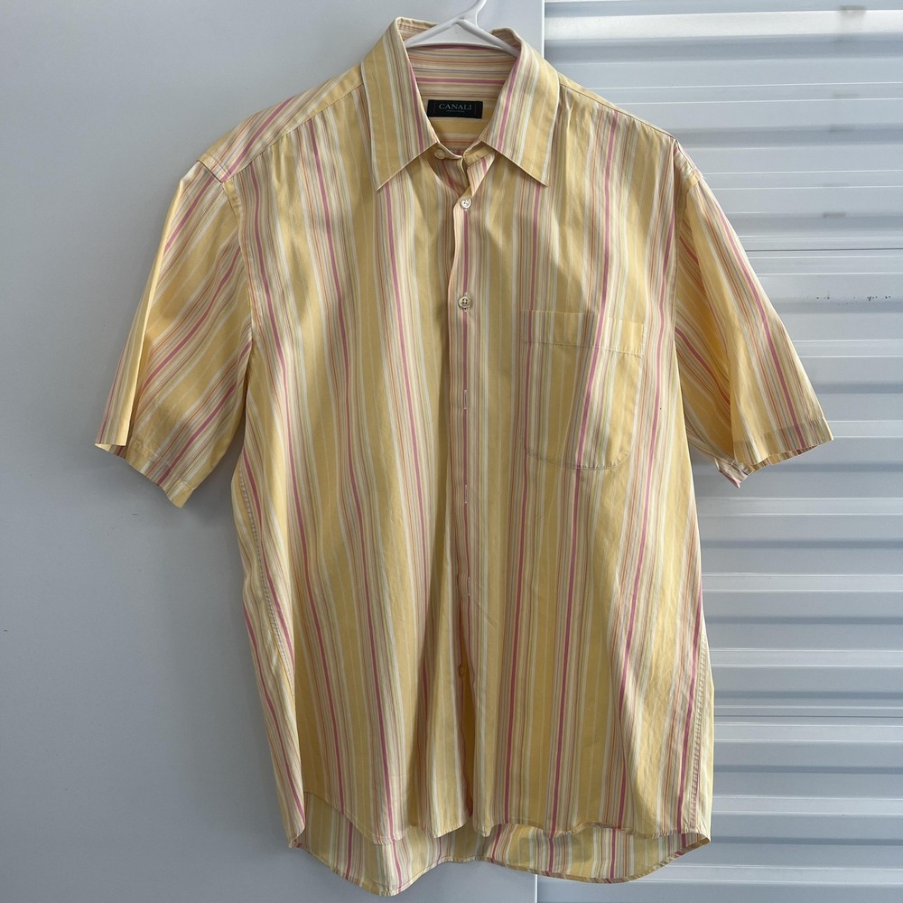 Canali Shirt Mens Large Yellow Stripe 100% Cotton Short‎ Sleeve Button Up Italy